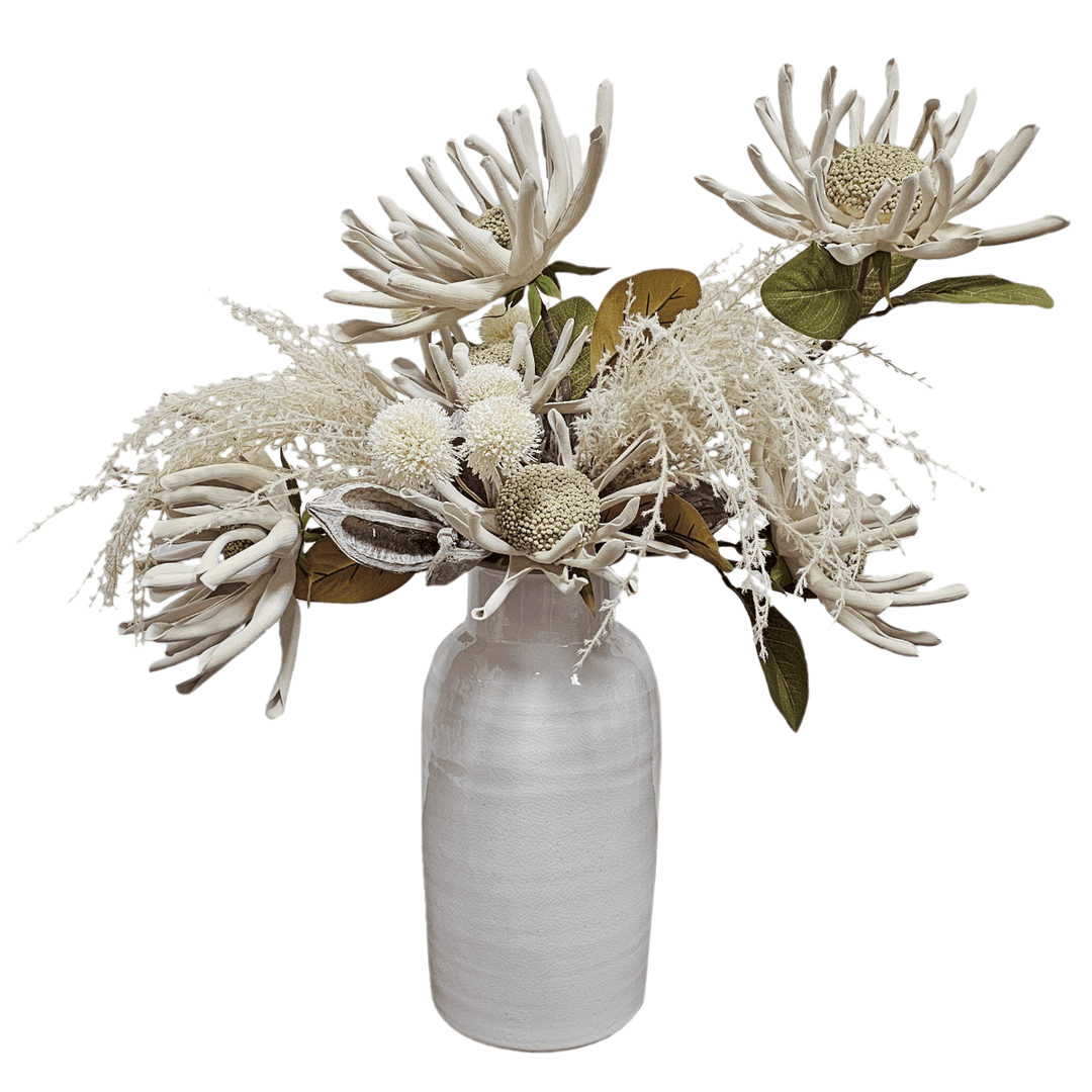 Foam Flowers, Pampas Grass, Spider Mums and Allium in Round Ceramic Vase. FH: 31" - LDF Silk