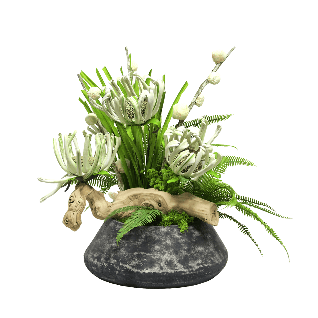 Foam Flowers with Fern, Grapewood and Baby's Breath in Terra Cotta Bowl. FH: 18"H - LDF SilkArtificial Flora