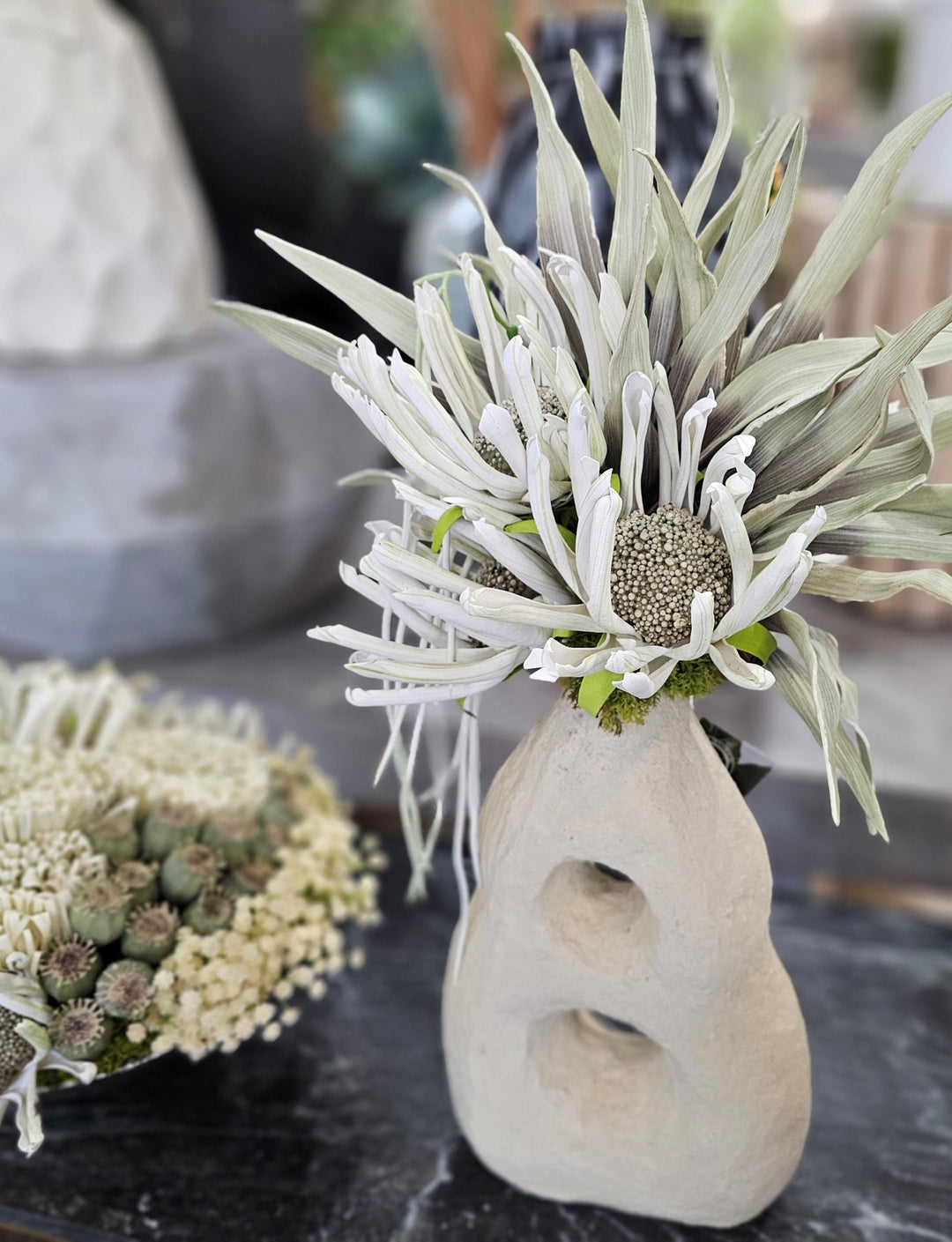 Foam Flowers with Leaves in Paper Mache Vase with Cut Outs 25"H - LDF Silk