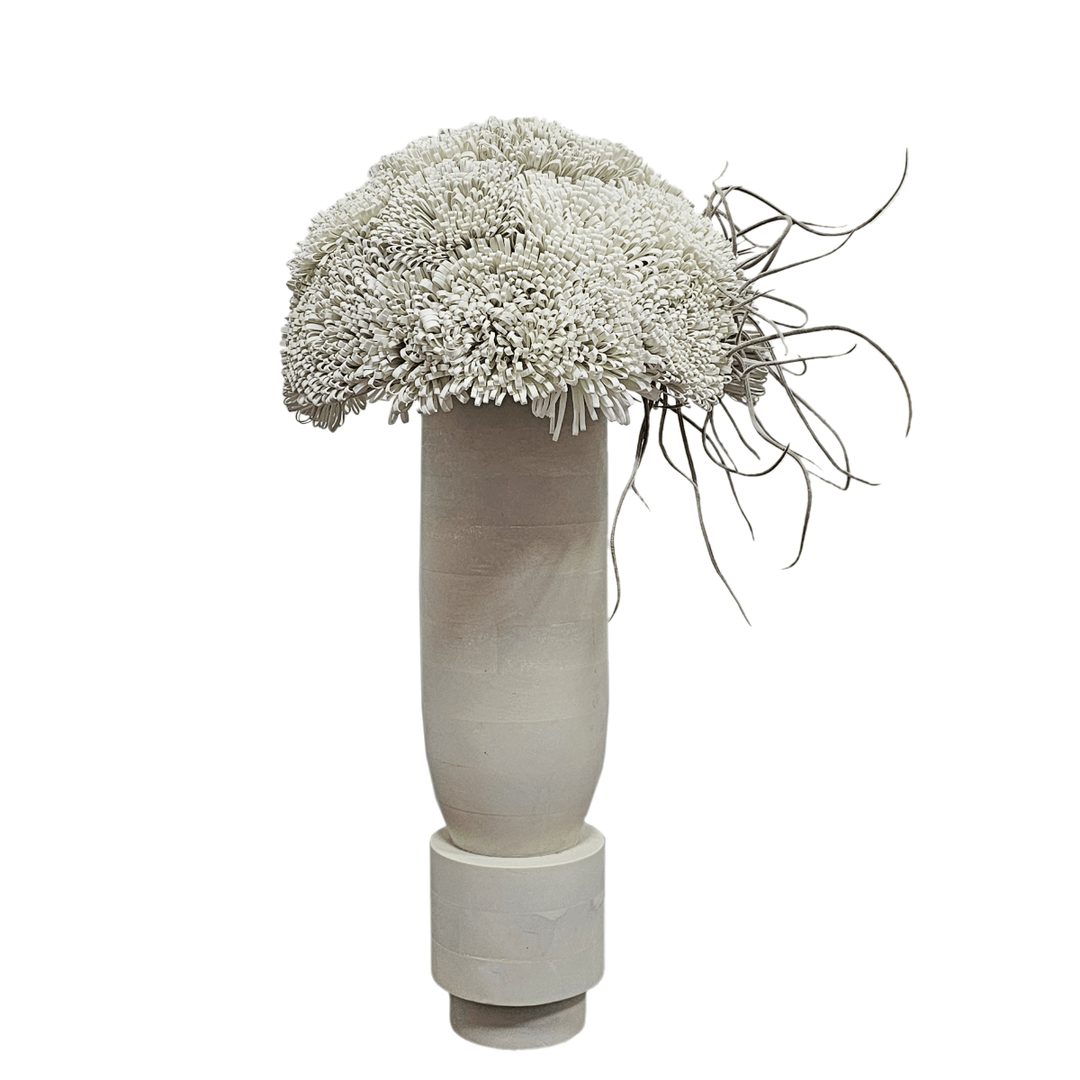 Foam Flowers with Tillandsia in Wood Vase FH: 31" - LDF Silk