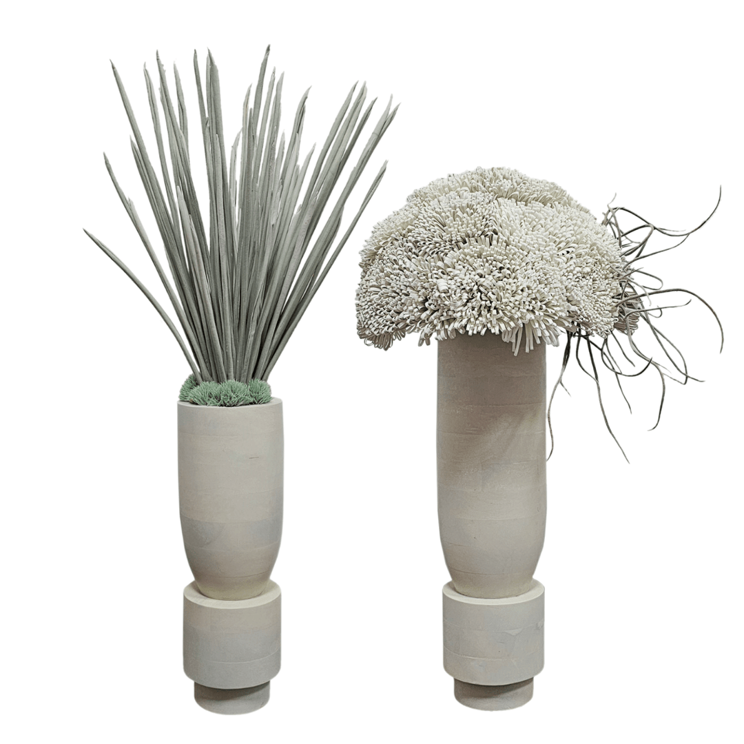 Foam Flowers with Tillandsia in Wood Vase FH: 31" - LDF Silk
