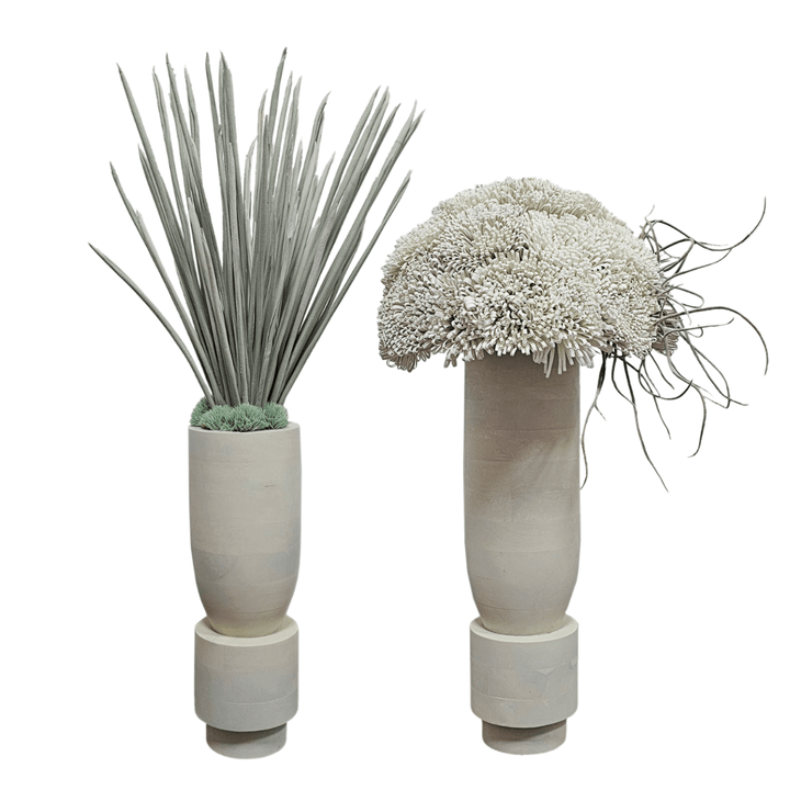 Foam Flowers with Tillandsia in Wood Vase FH: 31" - LDF Silk