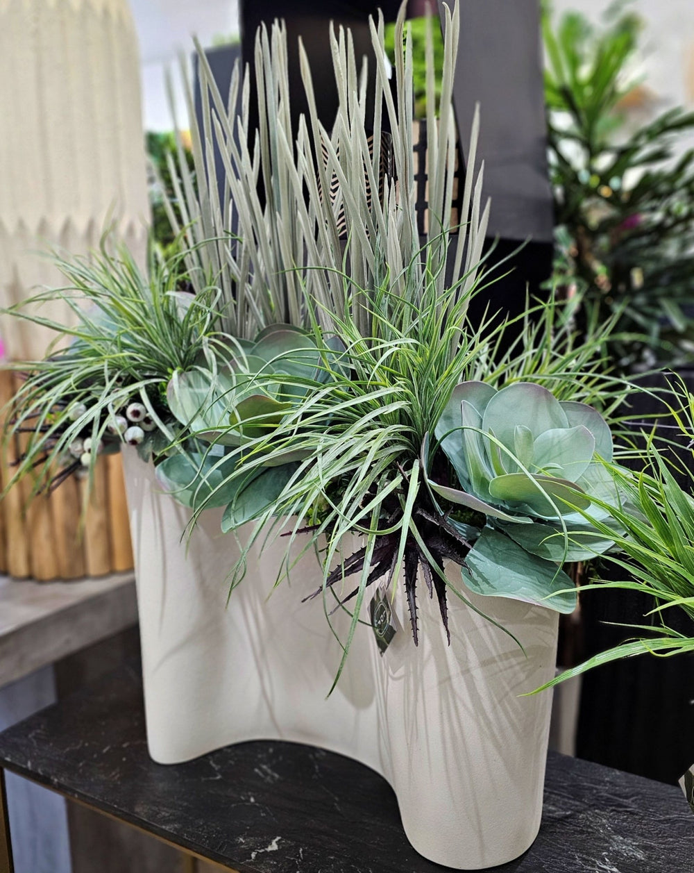 Foam Grass, Mixed Succulents, Grass, and Berries in Ceramic Curved Container. 42" H - LDF Silk