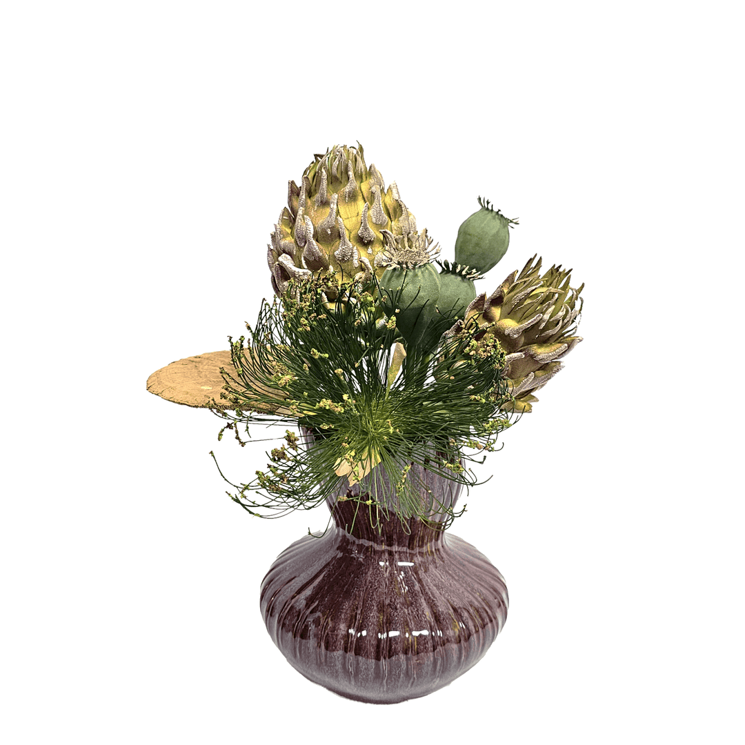 Foam Pods, Cyperus Blooms, Dried Mushrooms and Pods in Decorative Rust Ceramic Vase 12"H - LDF Silk