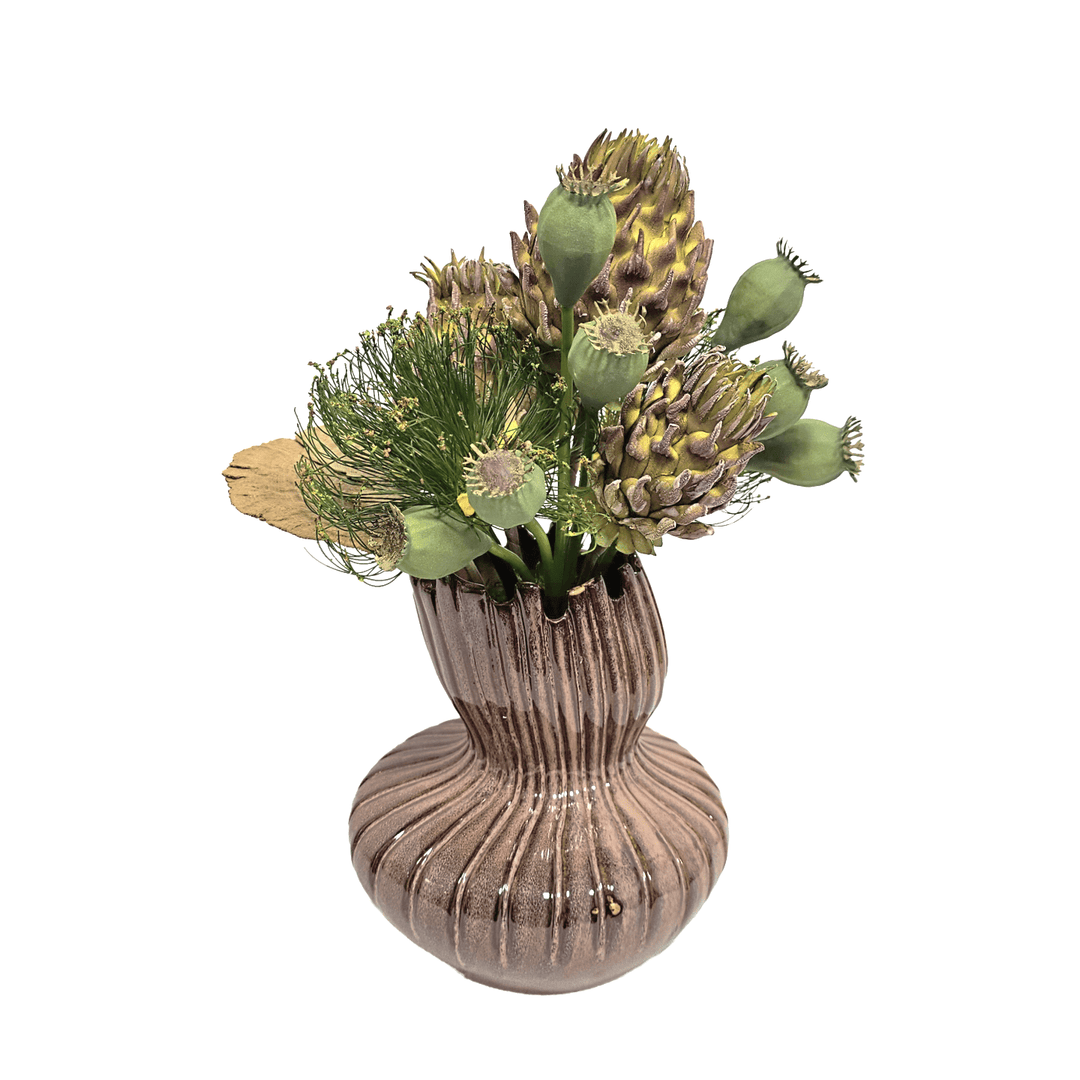 Foam Pods, Cyperus Blooms, Dried Mushrooms and Pods in Decorative Rust Ceramic Vase 17"H - LDF Silk