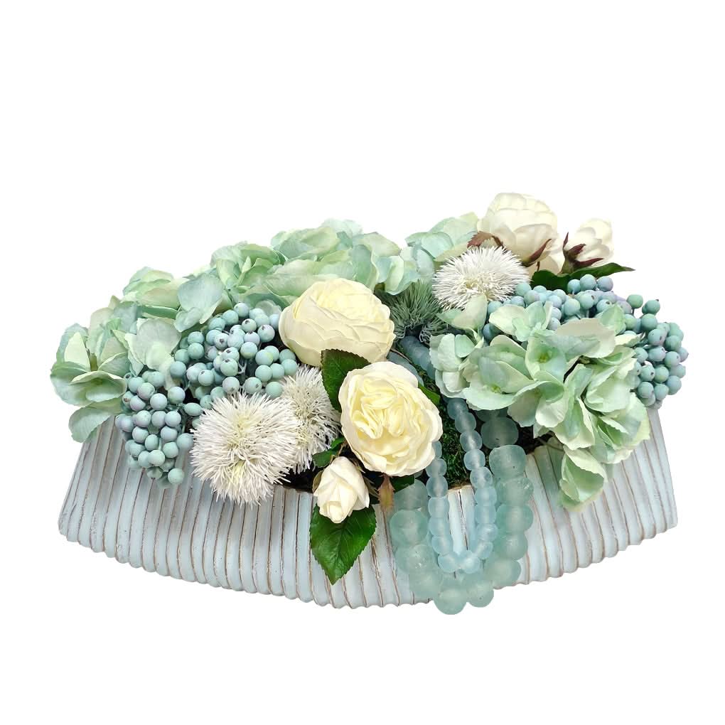 French Hydrangeas, Roses, Cluster Berries, and African Beads in Bowl 10"H - LDF Silk