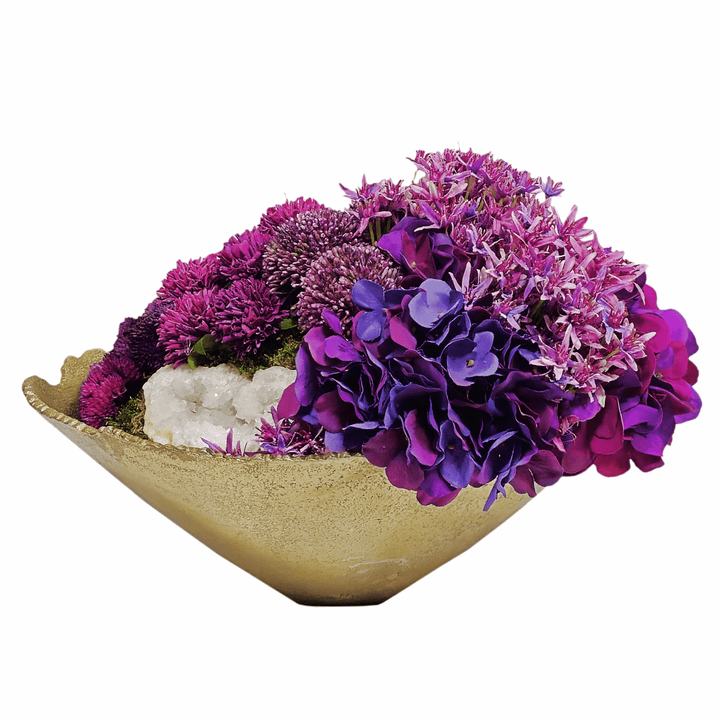 Geode, Hydrangeas, Allium, Clover and Viburnum in Bowl FH: 9.5" - LDF Silk