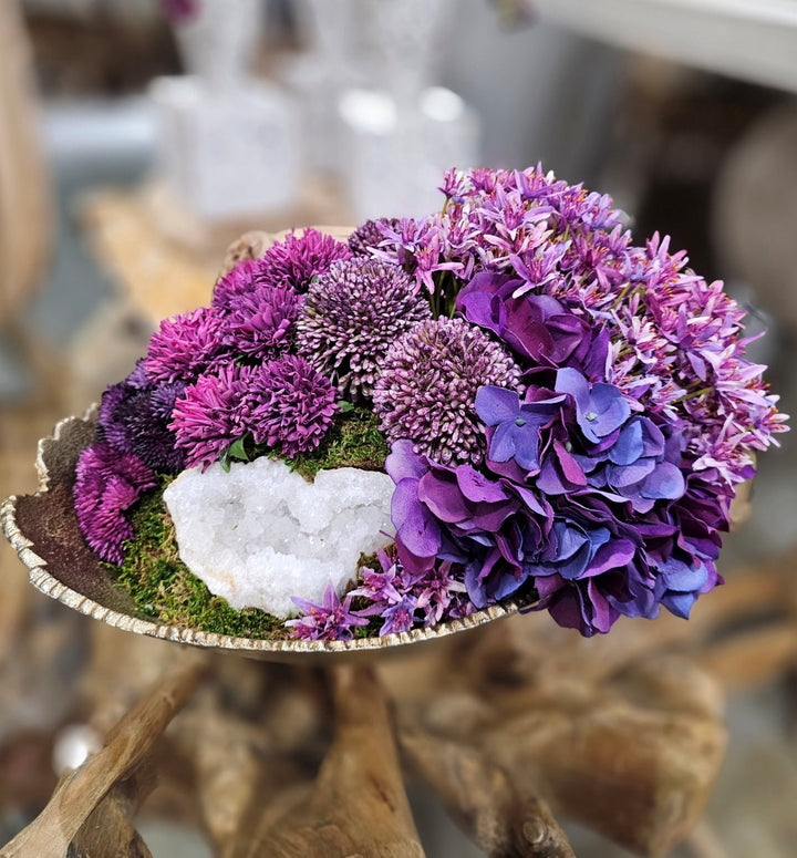Geode, Hydrangeas, Allium, Clover and Viburnum in Bowl FH: 9.5" - LDF Silk