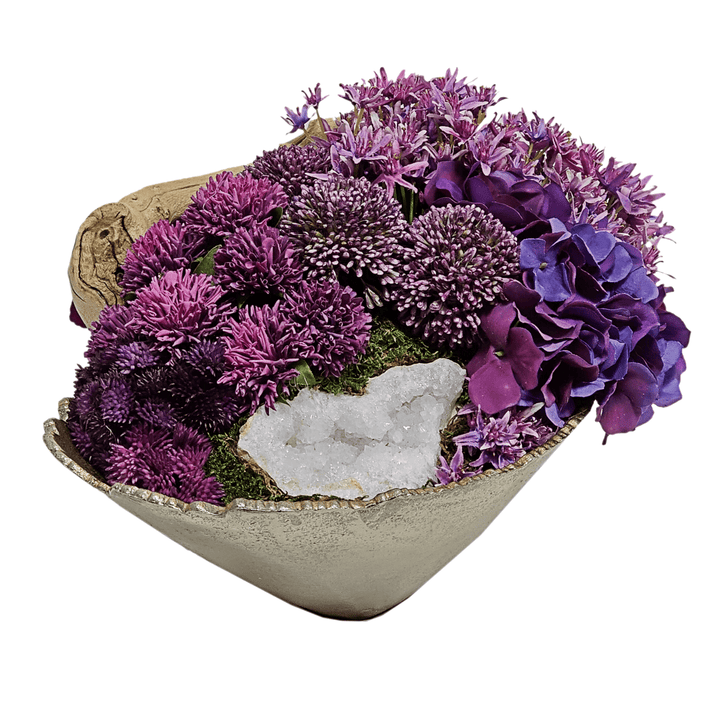 Geode, Hydrangeas, Allium, Clover and Viburnum in Bowl FH: 9.5" - LDF Silk