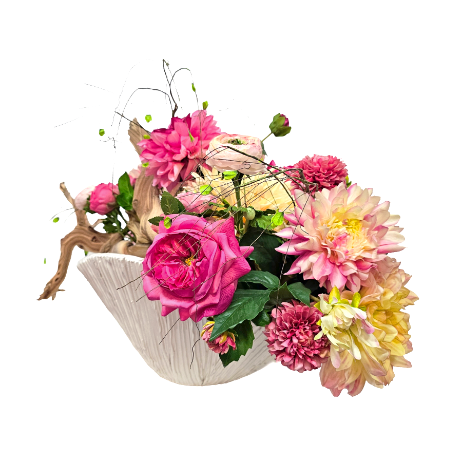 Ghostwood with Mixed Pink Roses, Ranunculus and Dahlias in Textured Ceramic Oval Bowl 18"H x 21"W x 20"D - LDF Silk