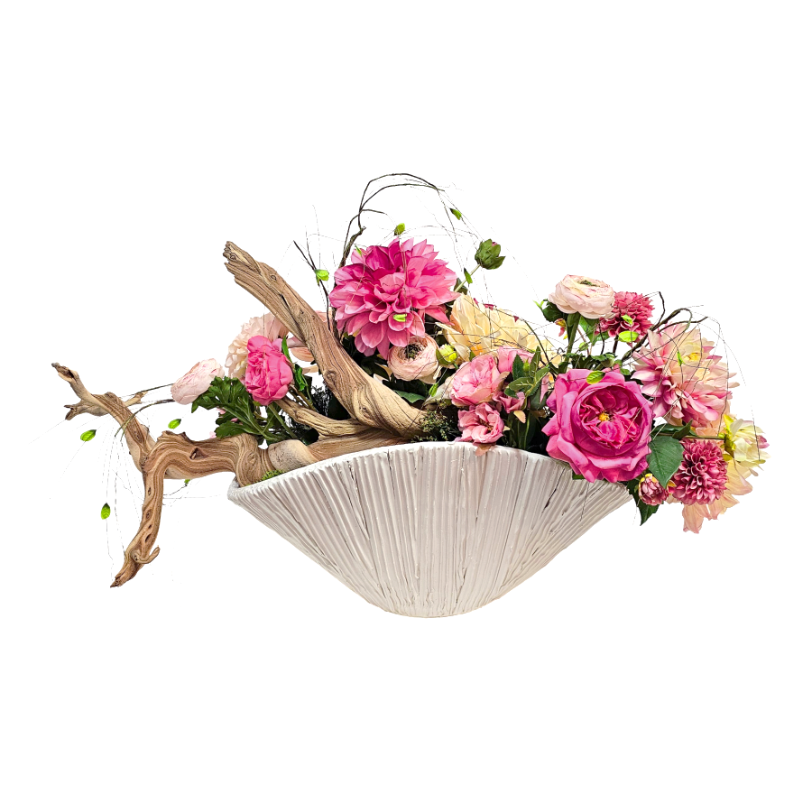 Ghostwood with Mixed Pink Roses, Ranunculus and Dahlias in Textured Ceramic Oval Bowl 18"H x 21"W x 20"D - LDF Silk