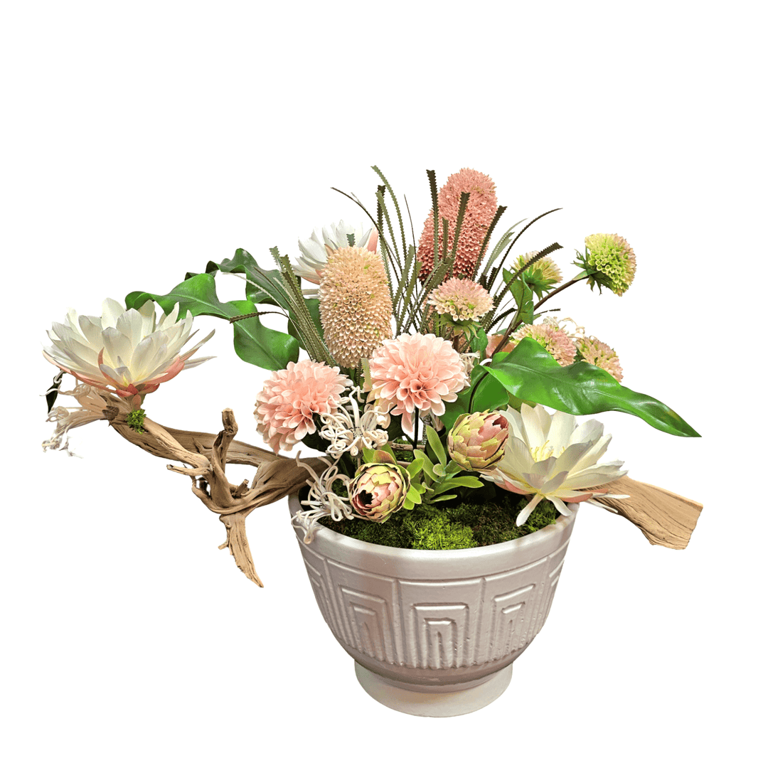 Ghostwood with Queen of the Nigh Flowers, Dahlia and Banksia in Patterned Bowl 27"H - LDF Silk