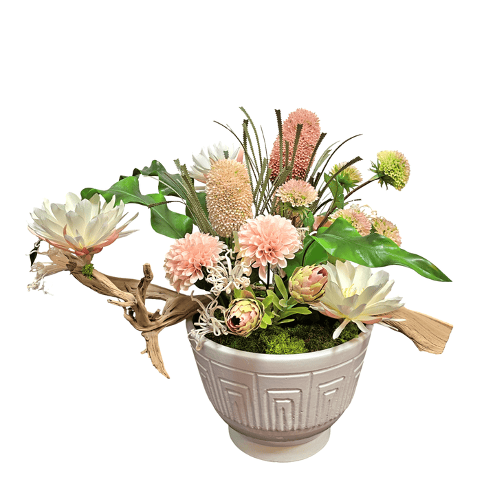 Ghostwood with Queen of the Nigh Flowers, Dahlia and Banksia in Patterned Bowl 27"H - LDF Silk