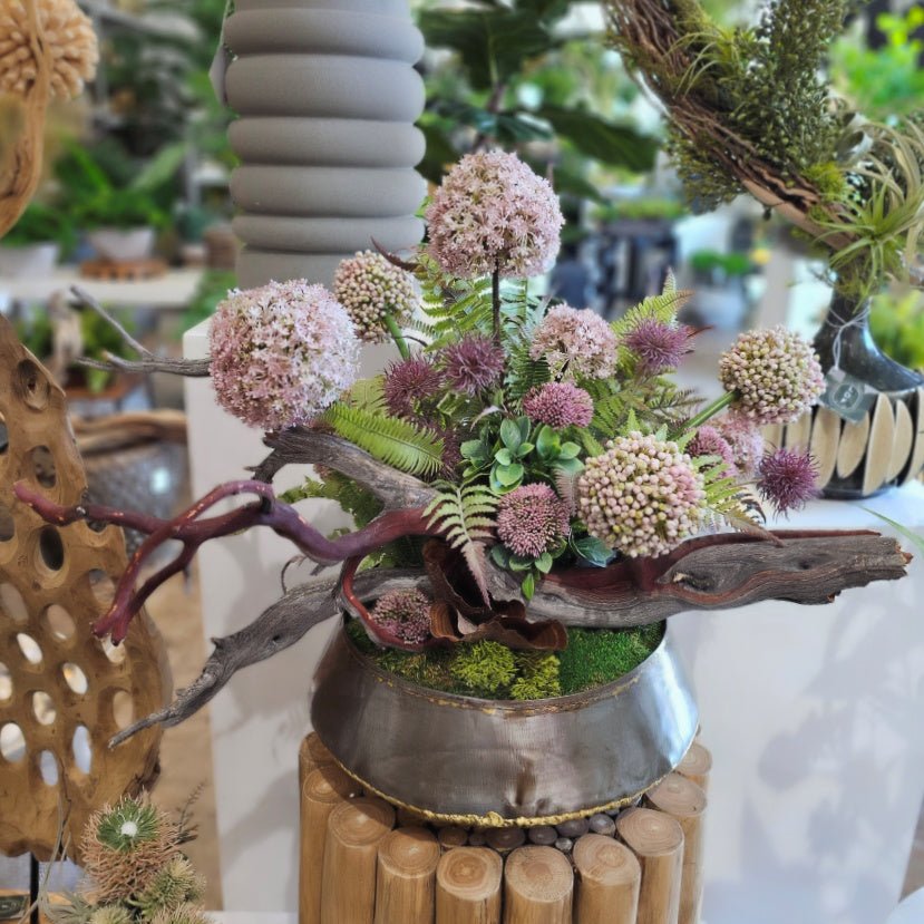 Ghostwood with Snowballs, Allium, Ferns and Sedum in Metal Bowl 21"H - LDF Silk