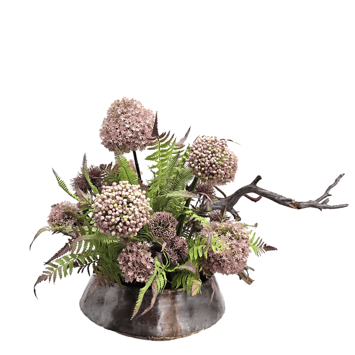 Ghostwood with Snowballs, Allium, Ferns and Sedum in Metal Bowl 21"H - LDF Silk