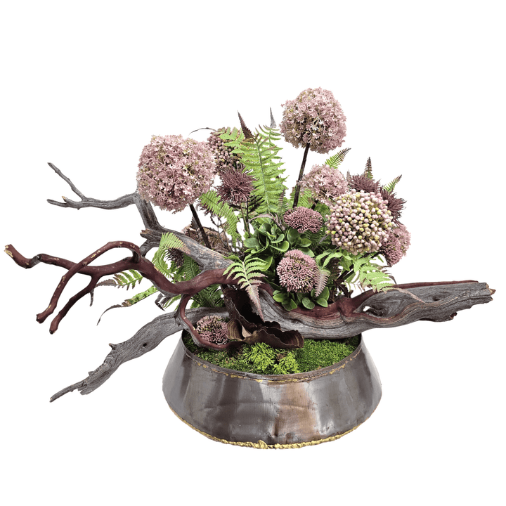 Ghostwood with Snowballs, Allium, Ferns and Sedum in Metal Bowl 21"H - LDF Silk