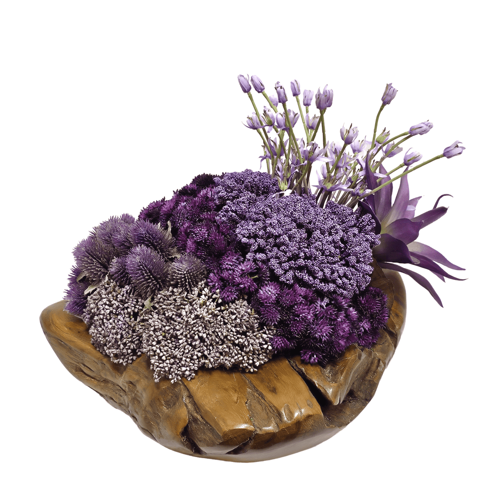 Giant Allium with Succulent, Sedum, Thistle and Mushrooms in Wood Bowl 14"H - LDF Silk