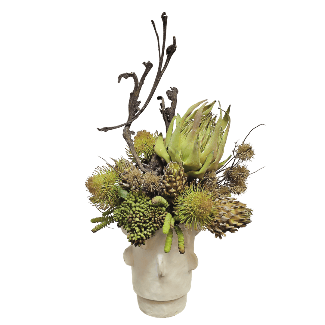 Giant Artichoke, Protea, Donkey Tail and Dried Staghorn Fern in Cream Ceramic Vase 28"H - LDF Silk