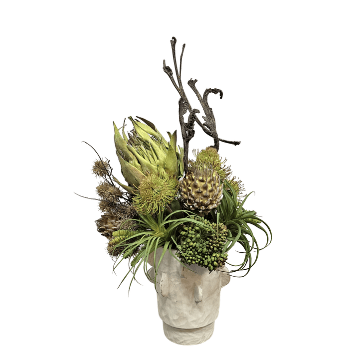 Giant Artichoke, Protea, Donkey Tail and Dried Staghorn Fern in Cream Ceramic Vase 28"H - LDF Silk