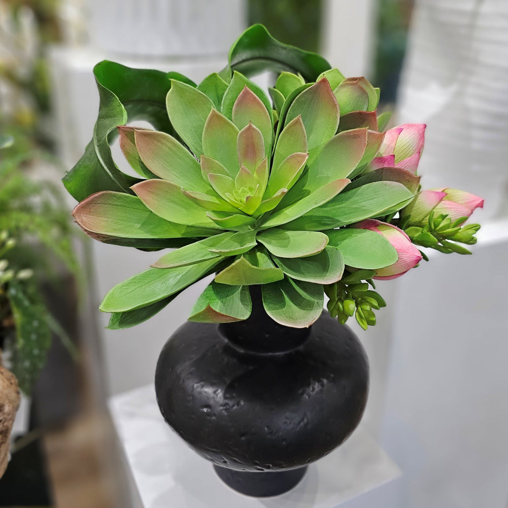 Giant Echeveria with Lotus Buds and Tropical Leaves in Ceramic Vase 19"H - LDF Silk
