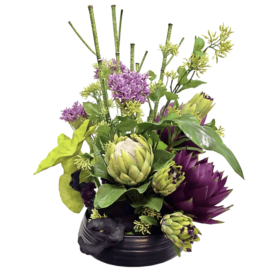 Giant Protea, Horsetail Reeds, Allium, Tropical Leaves and Wood Fragment in Ceramic Bowl 32"H - LDF Silk