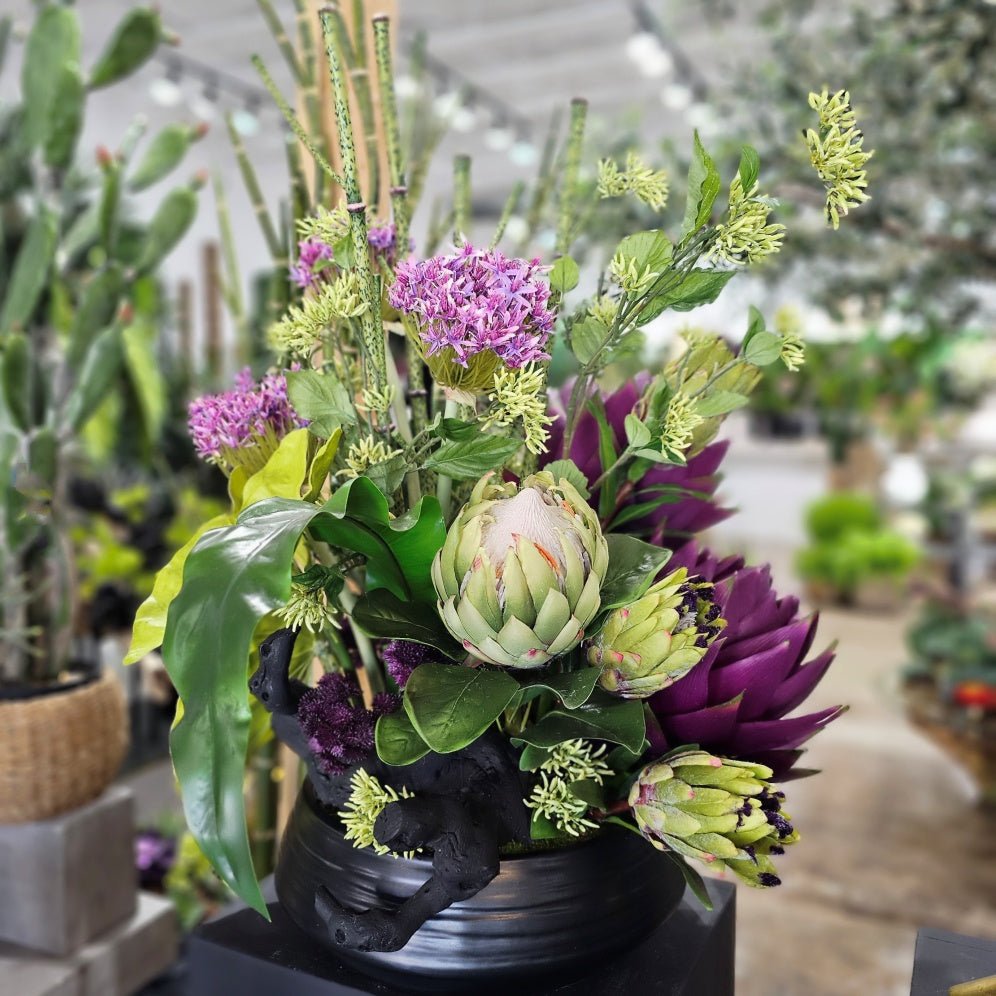 Giant Protea, Horsetail Reeds, Allium, Tropical Leaves and Wood Fragment in Ceramic Bowl 32"H - LDF Silk