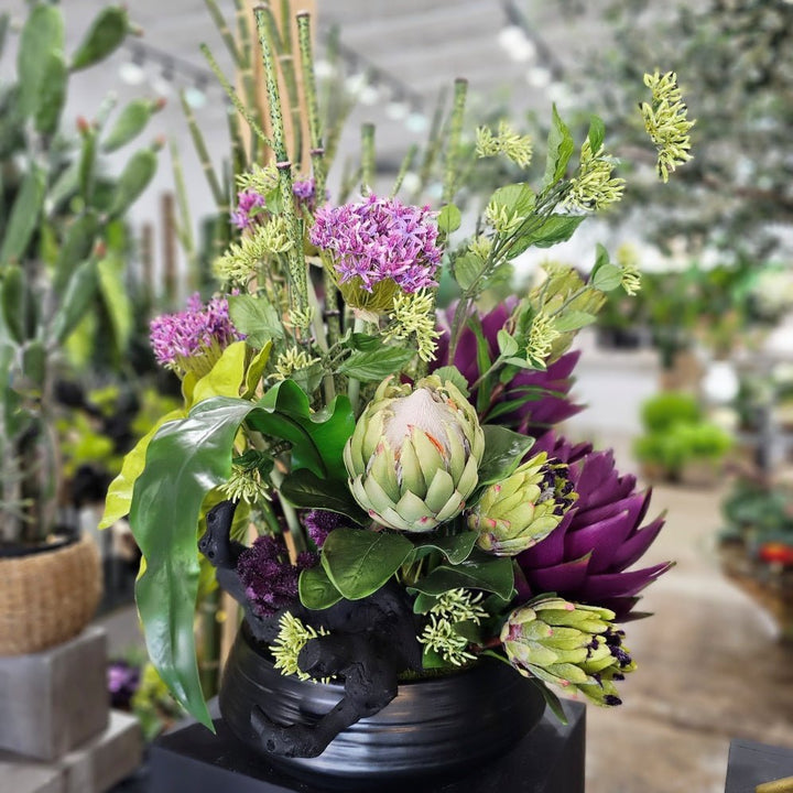 Giant Protea, Horsetail Reeds, Allium, Tropical Leaves and Wood Fragment in Ceramic Bowl 32"H - LDF Silk