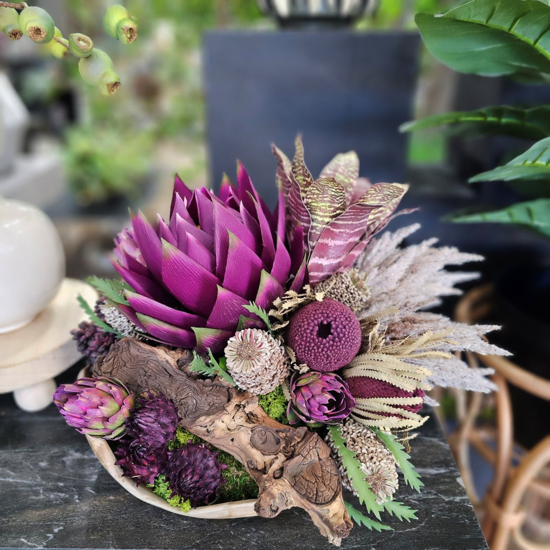 Giant Purple Protea, Dried Banksia, Bromeliad Pampas Grass, Protea and Wood Fragment in Wood Bowl 14"H - LDF Silk