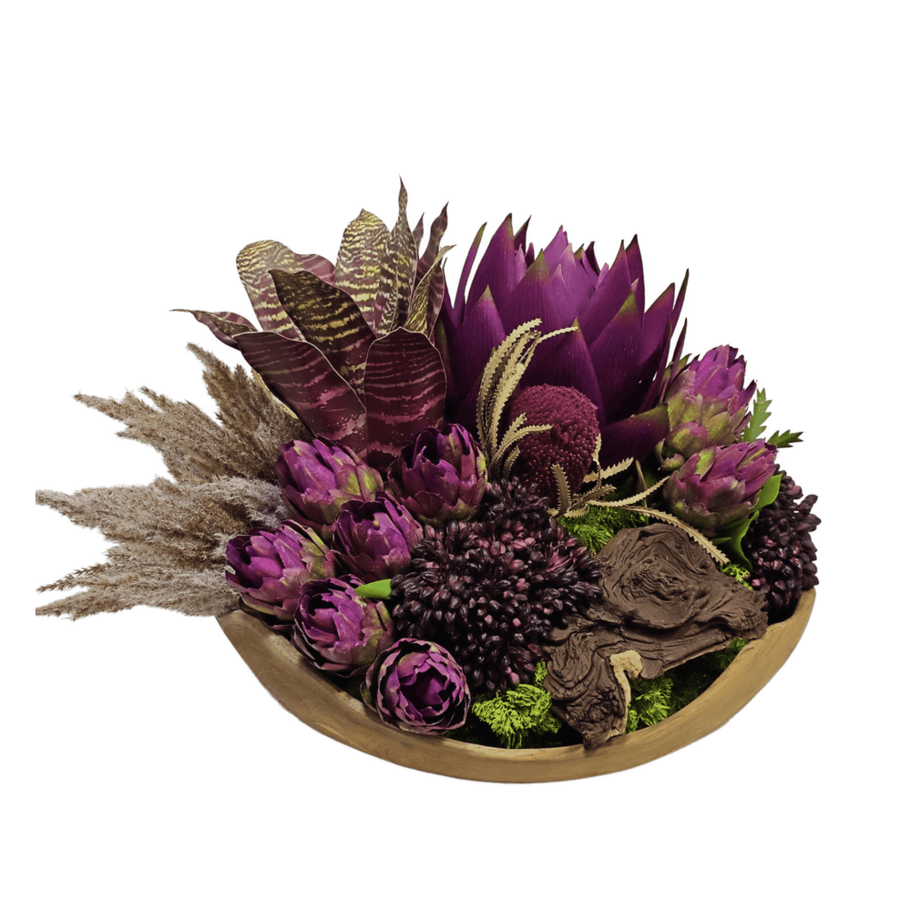 Giant Purple Protea, Dried Banksia, Bromeliad Pampas Grass, Protea and Wood Fragment in Wood Bowl 14"H - LDF Silk
