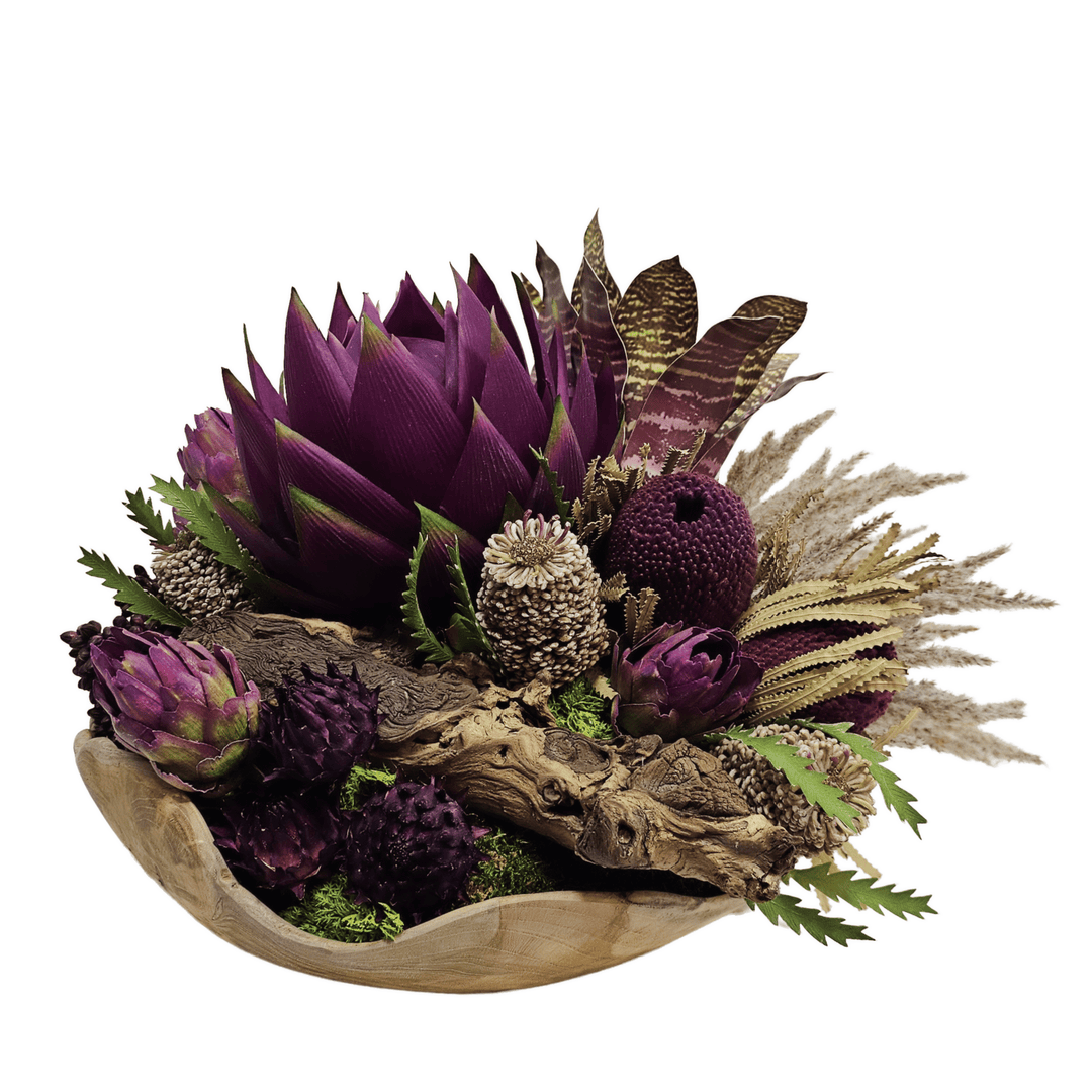 Giant Purple Protea, Dried Banksia, Bromeliad Pampas Grass, Protea and Wood Fragment in Wood Bowl 14"H - LDF Silk