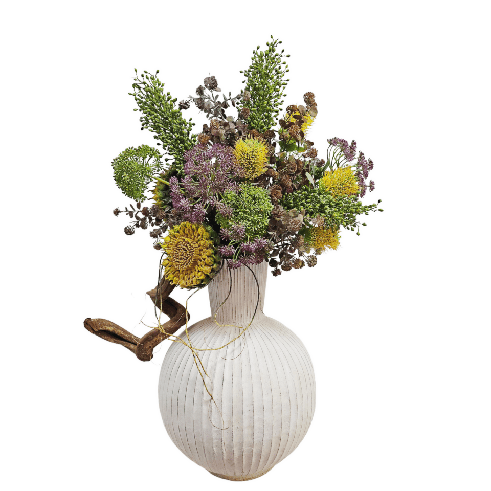 Giant Sunflowers, Protea, Thistle, Dill and Berries in Ribbed White Fiberglass Vase 44"H x 30"W x 25"D - LDF Silk