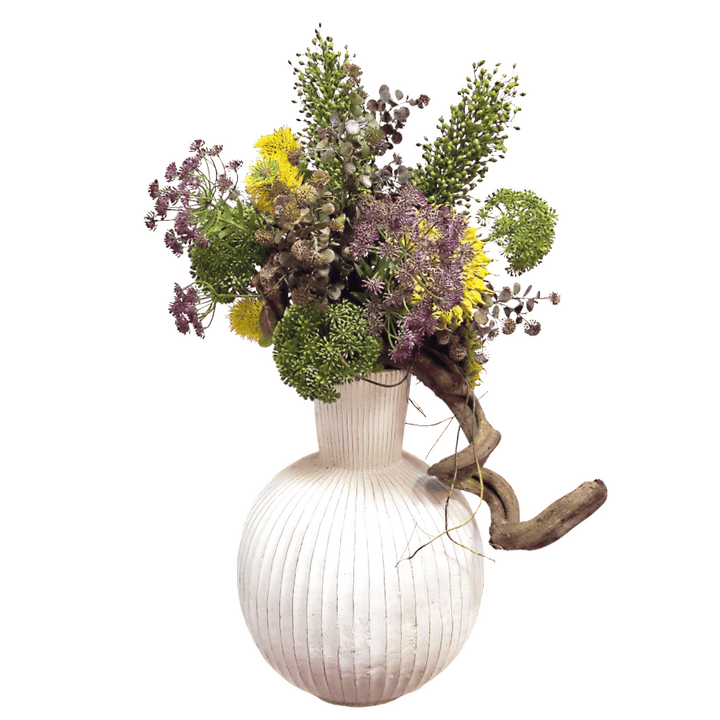 Giant Sunflowers, Protea, Thistle, Dill and Berries in Ribbed White Fiberglass Vase 44"H x 30"W x 25"D - LDF Silk