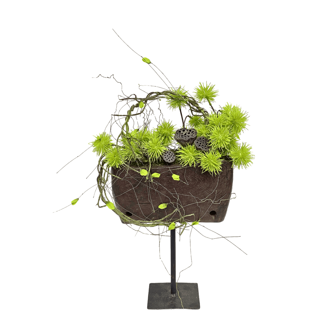 Globe Thistle, Twig Vine, and Lotus Pods in Wooden Planter on Stand 17"H - LDF Silk