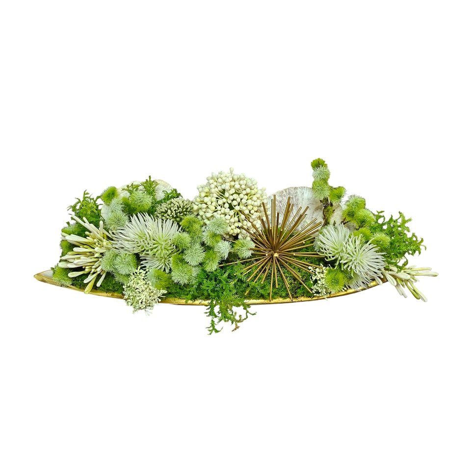 Gold Starburst, Allium, Mushrooms and Ferns in Gold Metal Tray 7"H - LDF Silk