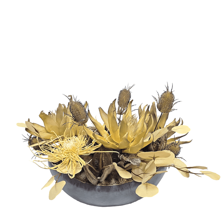 Golden Foam Flowers with Thistle, Eucalyptus Leaves and Spider Mum in Metal Oval Bowl 14"H - LDF Silk