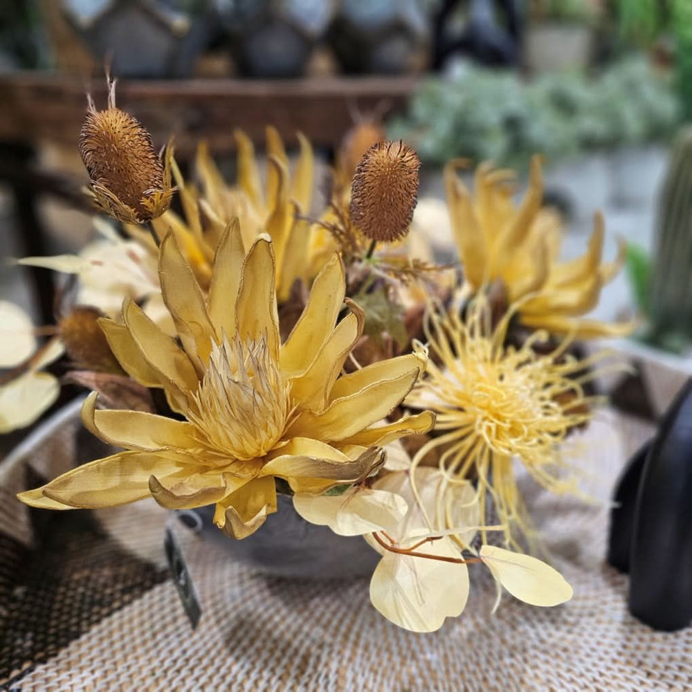 Golden Foam Flowers with Thistle, Eucalyptus Leaves and Spider Mum in Metal Oval Bowl 14"H - LDF Silk