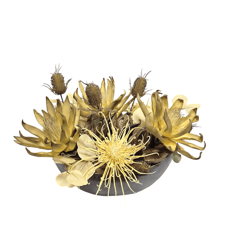 Golden Foam Flowers with Thistle, Eucalyptus Leaves and Spider Mum in Metal Oval Bowl 14"H - LDF Silk