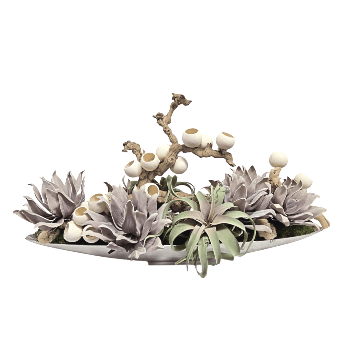 Grapewood with Bell Cups, Tillandsia and Foam Flowers in Metal Boat. FH: 23"H - LDF SilkArtificial Flora