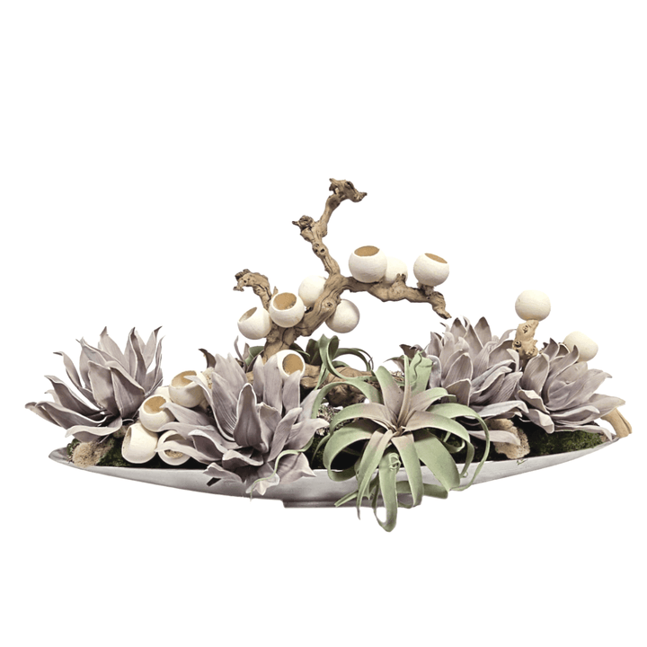 Grapewood with Bell Cups, Tillandsia and Foam Flowers in Metal Boat. FH: 23"H - LDF SilkArtificial Flora