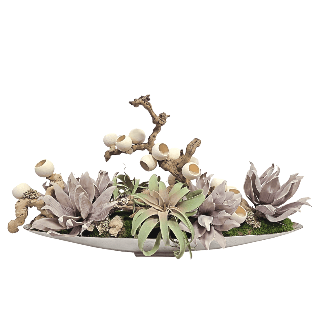 Grapewood with Bell Cups, Tillandsia and Foam Flowers in Metal Boat. FH: 23"H - LDF SilkArtificial Flora
