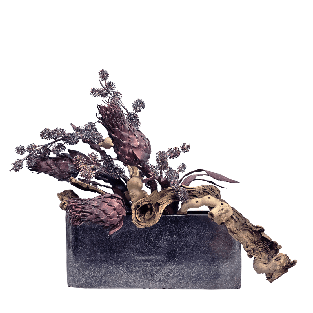 Grapewood with Foam Flowers and Spikey Balls in Metal Container 32"H - LDF Silk