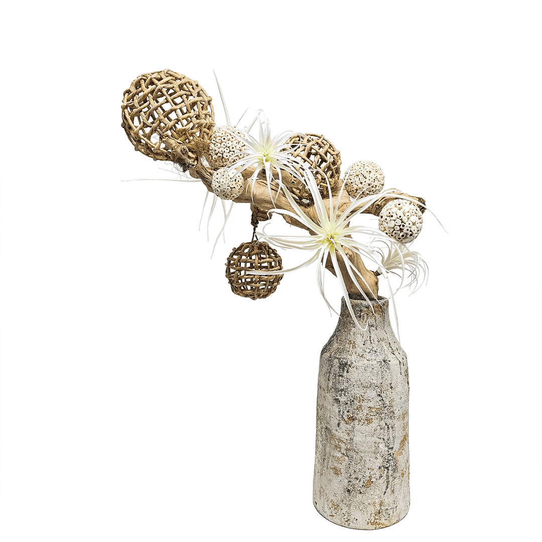 Grapewood with Mixed Spheres and Tillandsia in Aged Vase 35"H - LDF SilkArtificial Flora