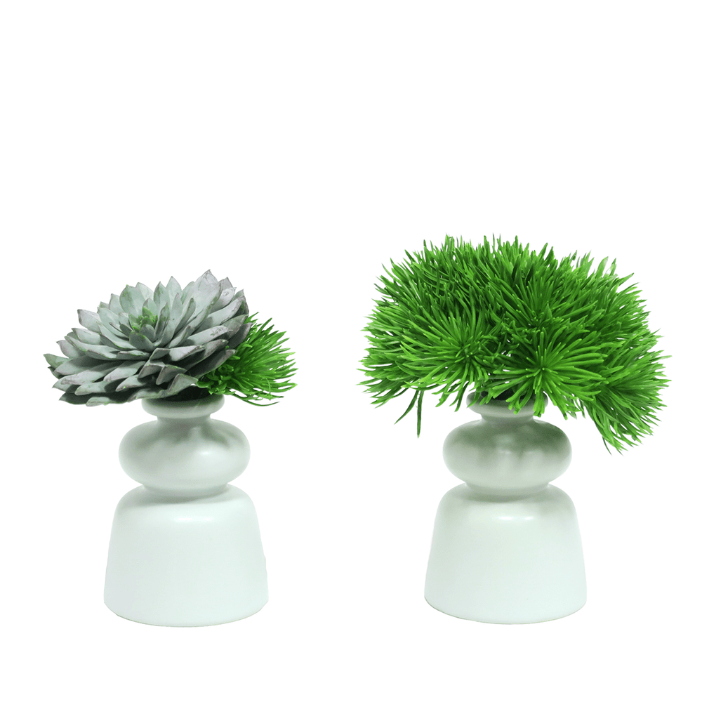 Green Mini Grass Bush in Light Teal Ceramic Container. 7"H - LDF Silk