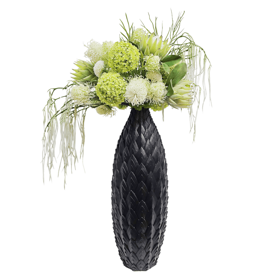 Green Protea, Snowballs, Banksia, Dahlia and Skimmia in Decorative Black Vase 44"H - Only 1 in this style vase available - LDF Silk