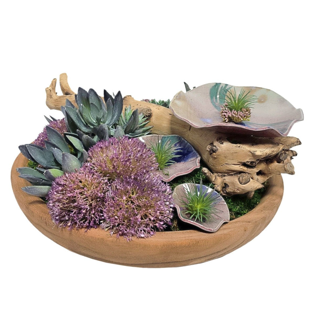 Hand Crafted Ceramic Discs with Grapewood and Succulents in Low Wood Bowl - Limited Edition 8"H - LDF Silk