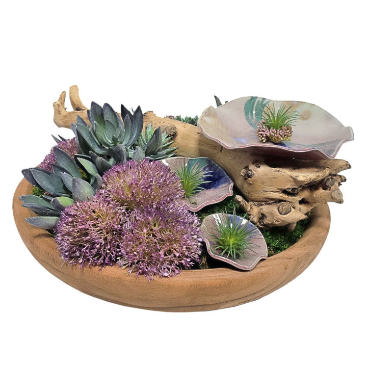 Hand Crafted Ceramic Discs with Grapewood and Succulents in Low Wood Bowl - Limited Edition 8"H - LDF Silk