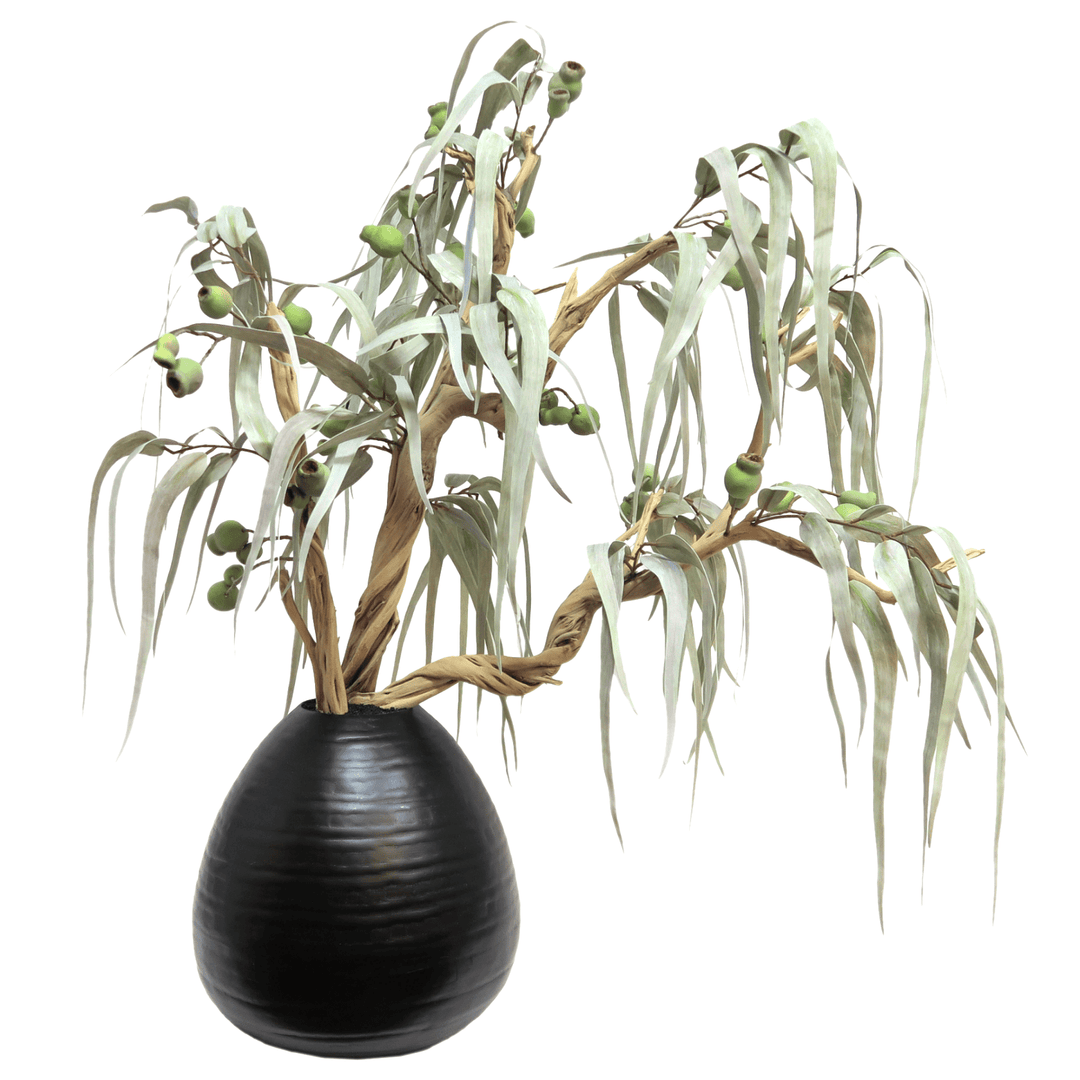 Hand Drilled Eucalyptus Leaves and Pods on Ghostwood in Metal Vase 40"H - LDF Silk