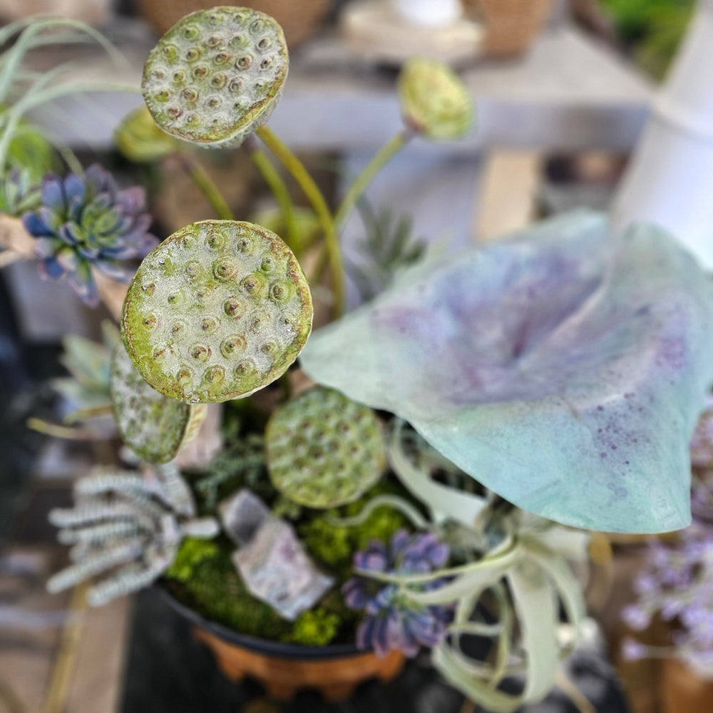 Hand Painted Leaf, Amythest, Lotus Pods, Fern, Grapewood and Succulents in Bowl 27"H - LDF Silk