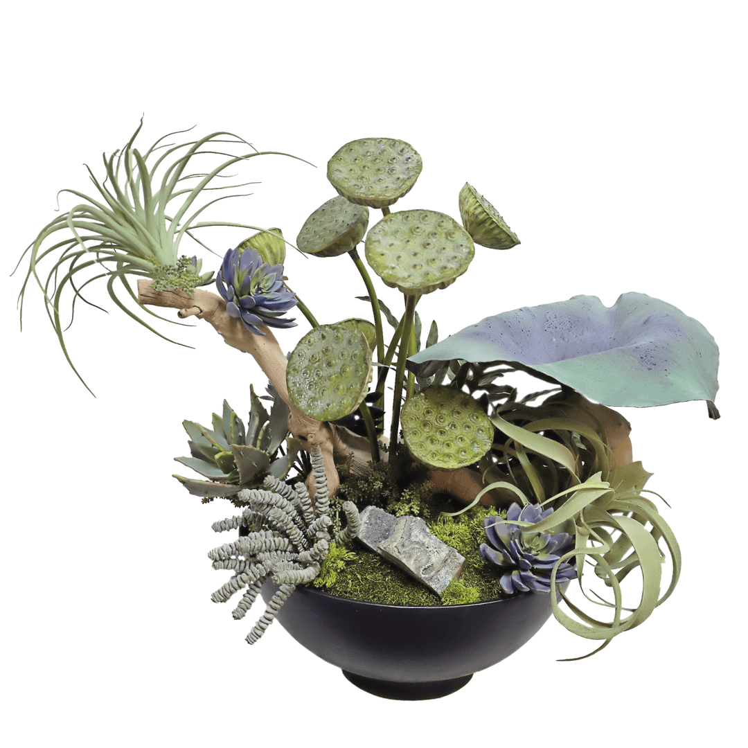 Hand Painted Leaf, Amythest, Lotus Pods, Fern, Grapewood and Succulents in Bowl 27"H - LDF Silk