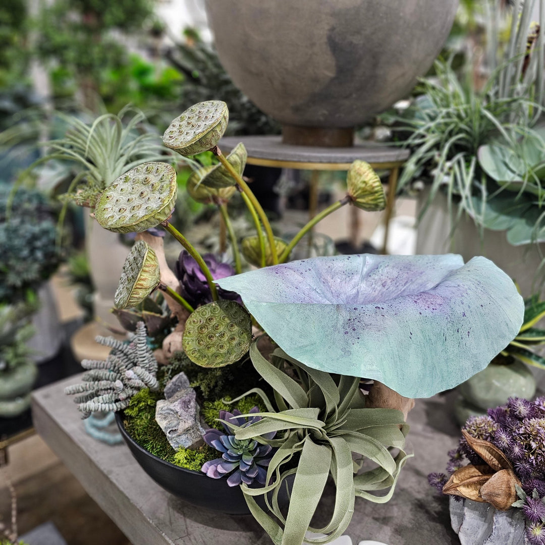 Hand Painted Leaf, Amythest, Lotus Pods, Fern, Grapewood and Succulents in Bowl 27"H - LDF Silk